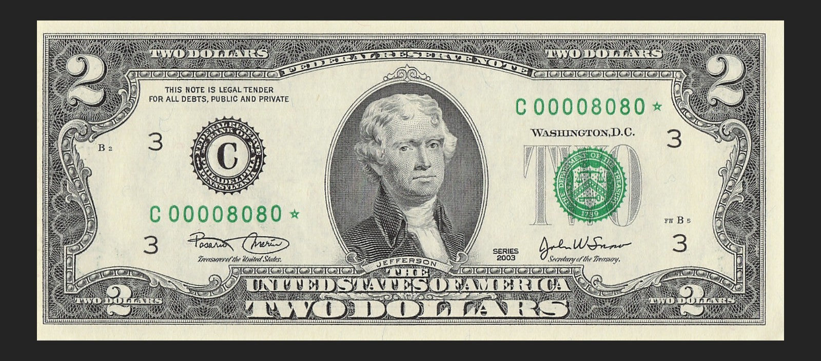 Binary Low Serial Number Star Note Two Dollar Bill C00008080* 8s 0s Philadelphia