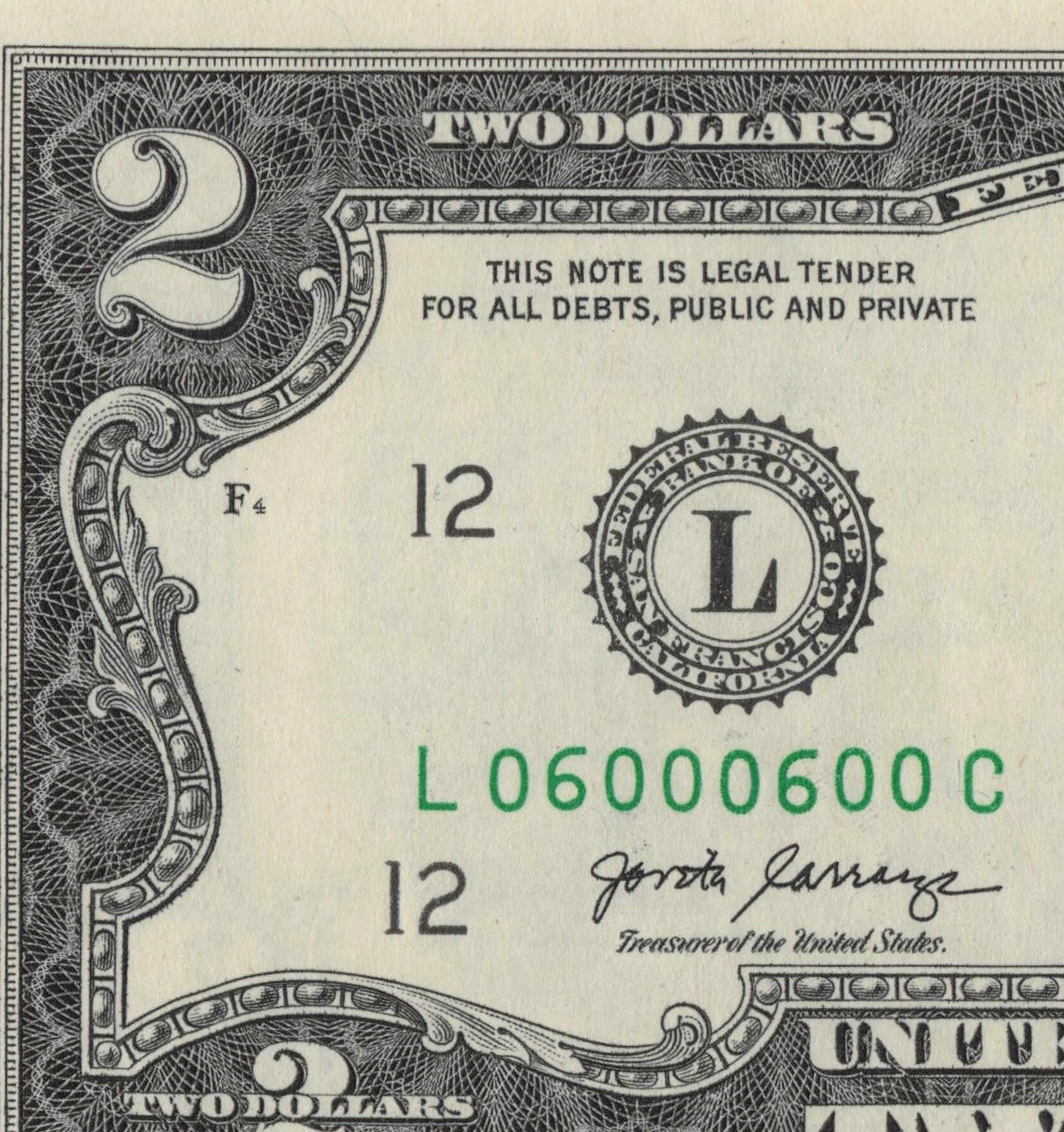 $2 Flipper Binary Repeater Fancy Serial Number Two Dollar Bill 0s 6s