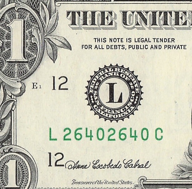 Repeater Fancy Serial Number One Dollar Bill 2s 4s 6s 0s 2003A LA Block