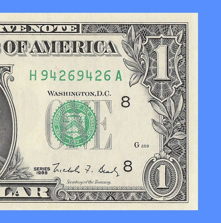 Repeater Fancy Serial Number One Dollar Bill 9s 4s 2s 6s 1988 HA Block