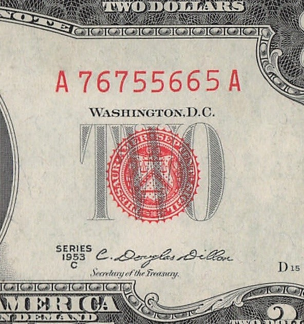 Trinary Fancy Serial Number Two Dollar Red Seal 1953 C Sequential 5s 6s 7s