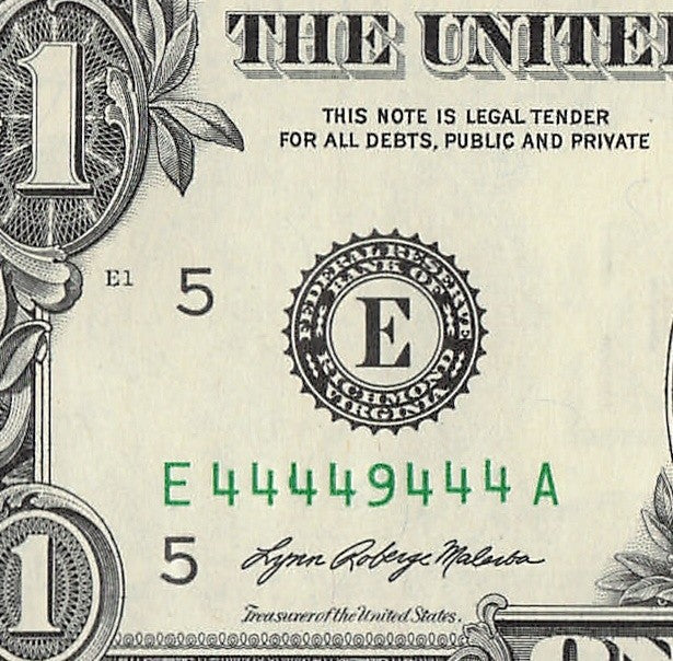 Seven of a Kind 4s One Dollar Bill Fancy Serial Number 2021 $1 EA Block