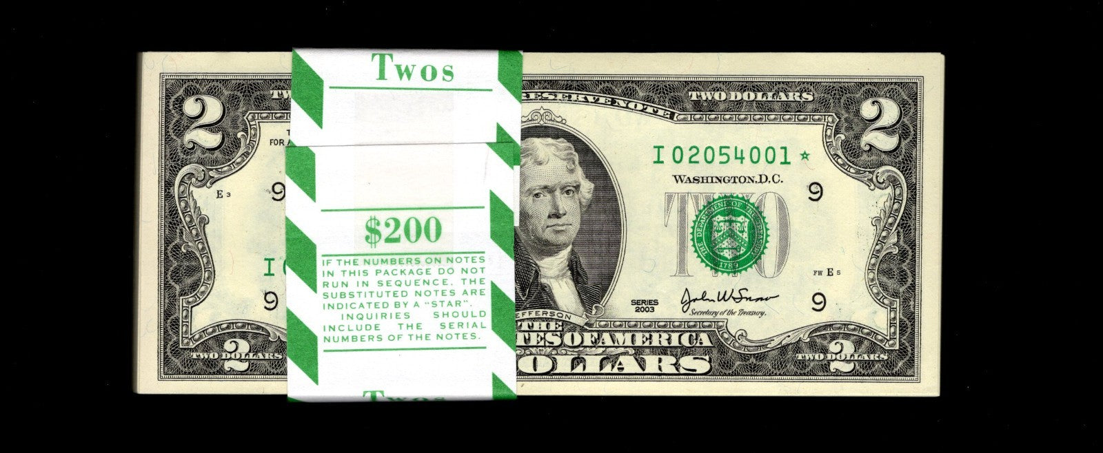 2003 $2 Two Dollar Star Note Lot of 1 UNC Fresh From BEP 3.2 MILLION Run