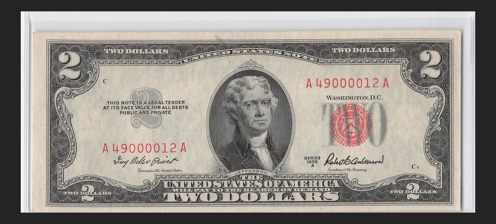 Four in a Row 0s Fancy Serial Number Two Dollar Red Seal 1953A $2 POS 3