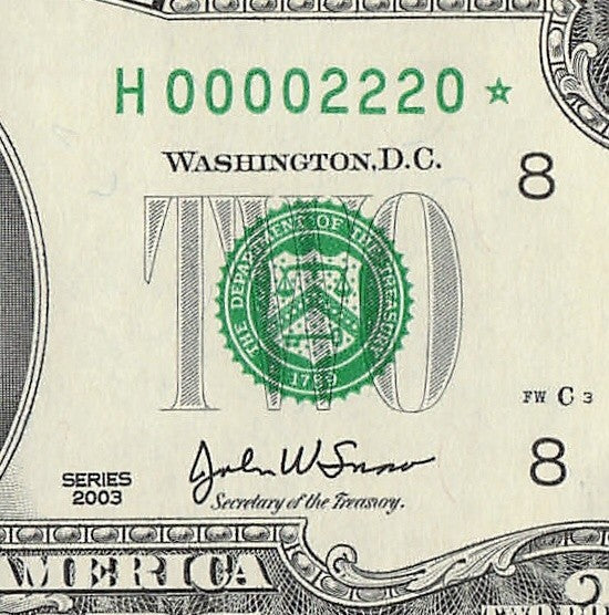 Binary Low Serial Number Star Note Two Dollar Bill H00002220* 2s 0s St Louis