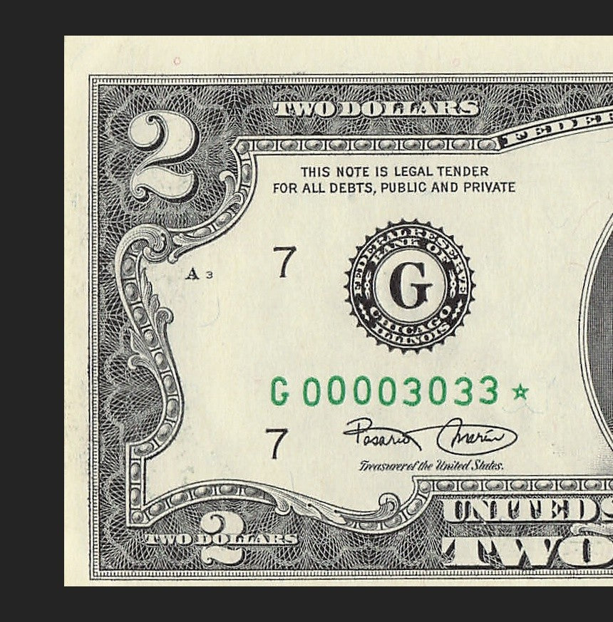 Binary Low Serial Number Star Note Two Dollar Bill G00003033* 3s 0s Chicago