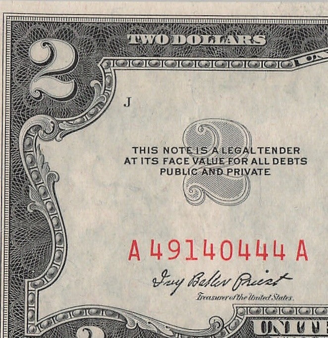 Five of a Kind 4s Fancy Serial Number Two Dollar Red Seal $2 1953A