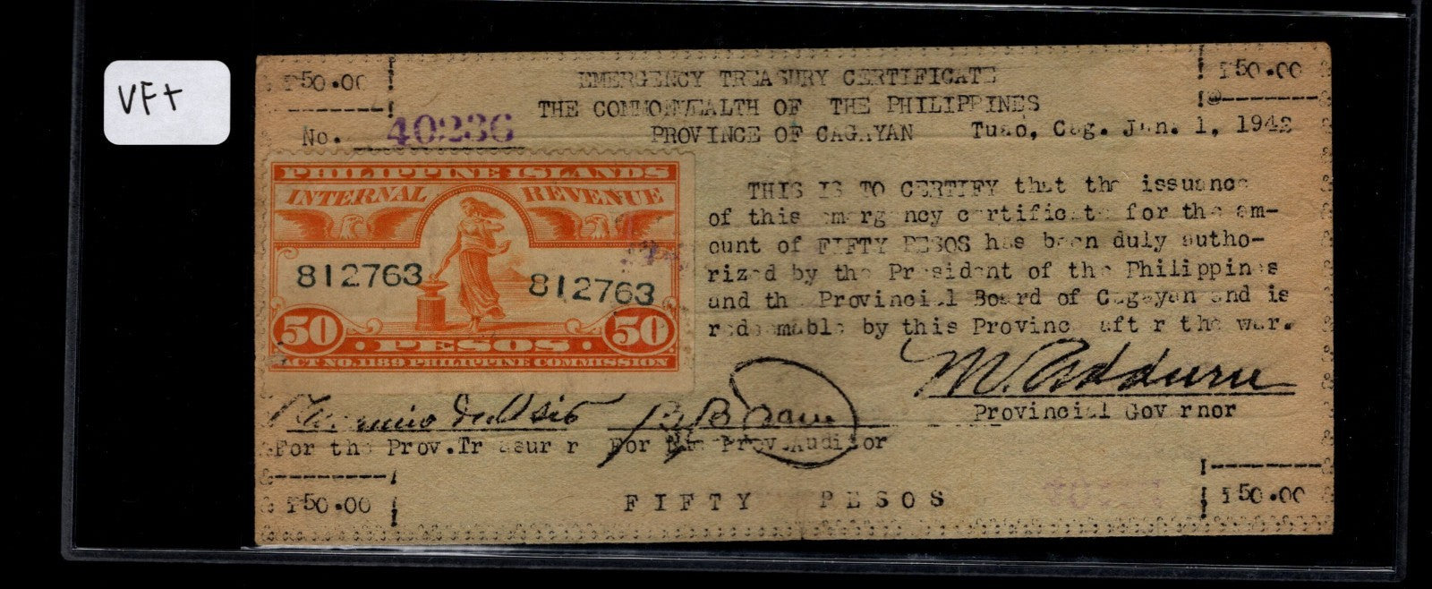 CAGAYAN Province Emergency Treasury Certificate 50 Pesos WW 2 Guerilla Note