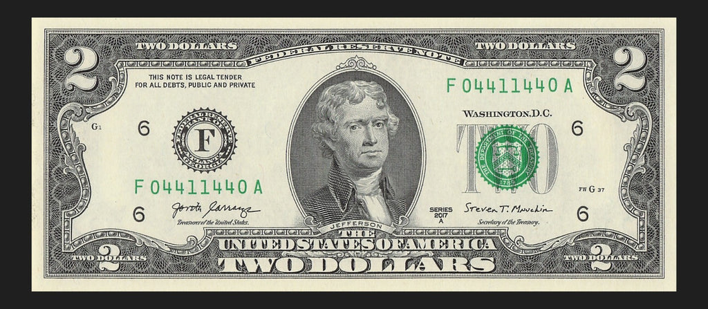 Radar Two Dollar Bill Fancy Serial Number 2017A $2 Palindrome Trinary 0s 1s 4s