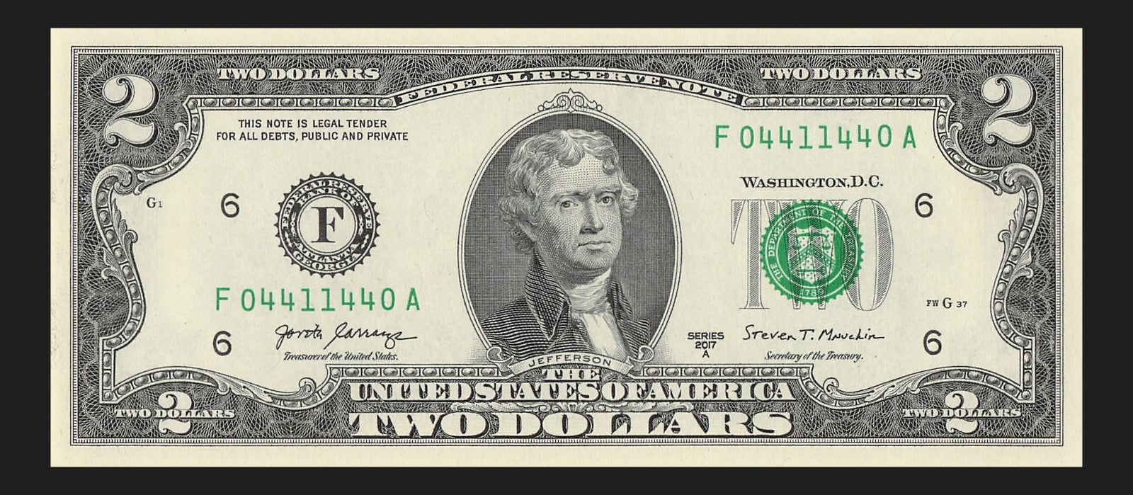 Radar Two Dollar Bill Fancy Serial Number 2017A $2 Palindrome Trinary 0s 1s 4s