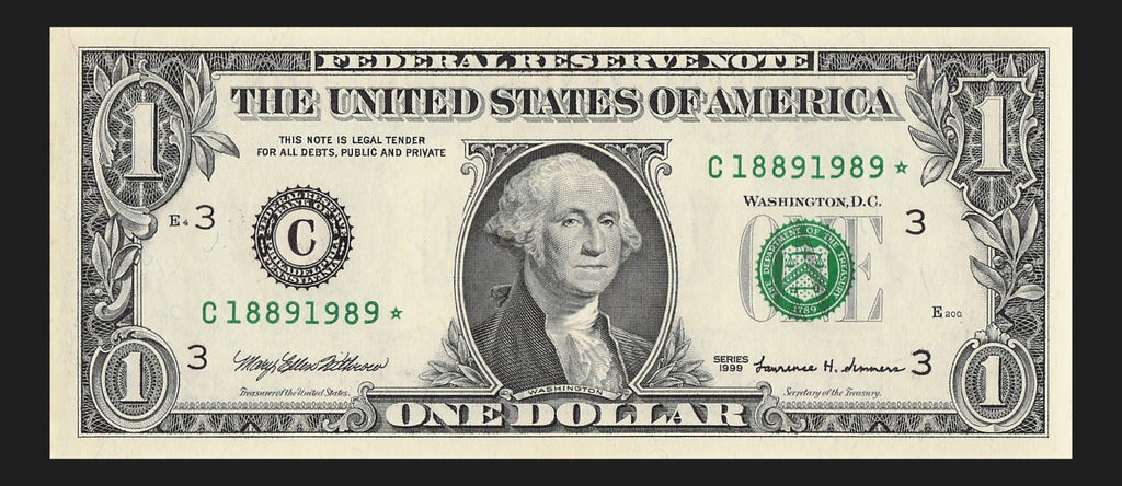 Century Star Note One Dollar Bill 1999 $1 C* Block Philadelphia Date 1889 1989