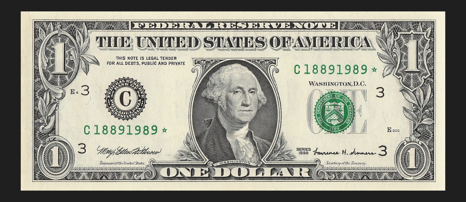 Century Star Note One Dollar Bill 1999 $1 C* Block Philadelphia Date 1889 1989