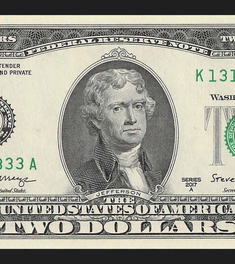 Binary Two Dollar Bill Fancy Serial Number 2017A $2 Dallas Binary 3s 1s