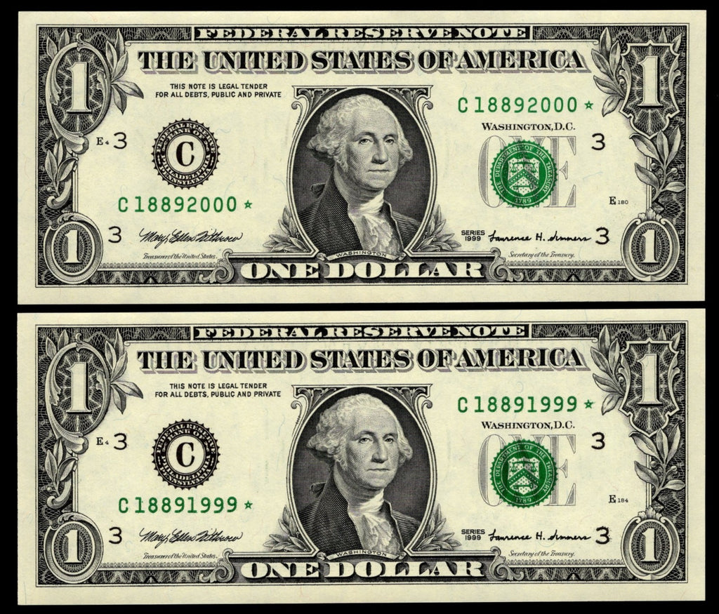 Star Note LOT One Dollar Bills 1999 C* Block Philadelphia Rollover Set