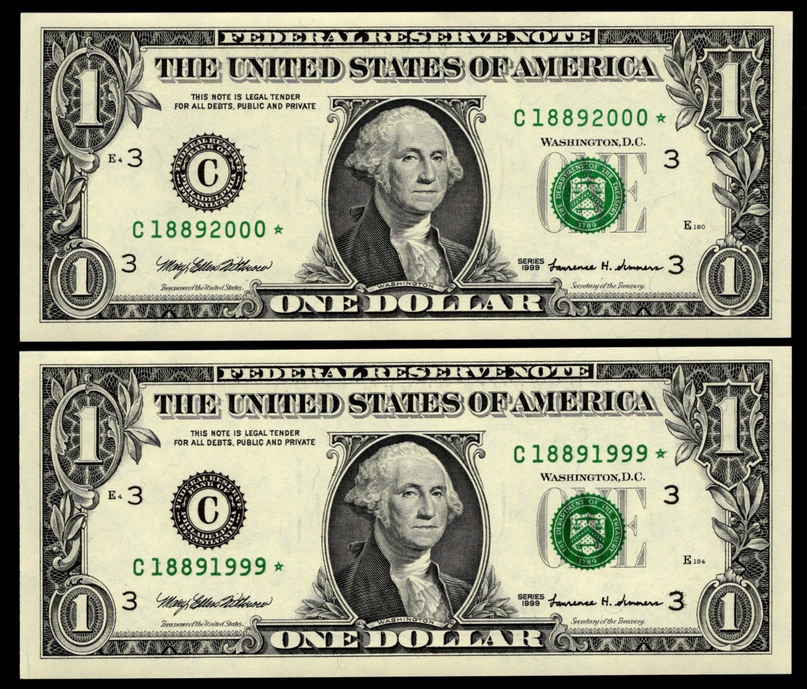 Star Note LOT One Dollar Bills 1999 C* Block Philadelphia Rollover Set