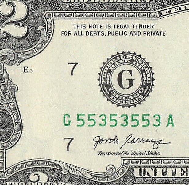 Binary Two Dollar Bill Fancy Serial Number 2017A $2 Binary 3s 5s