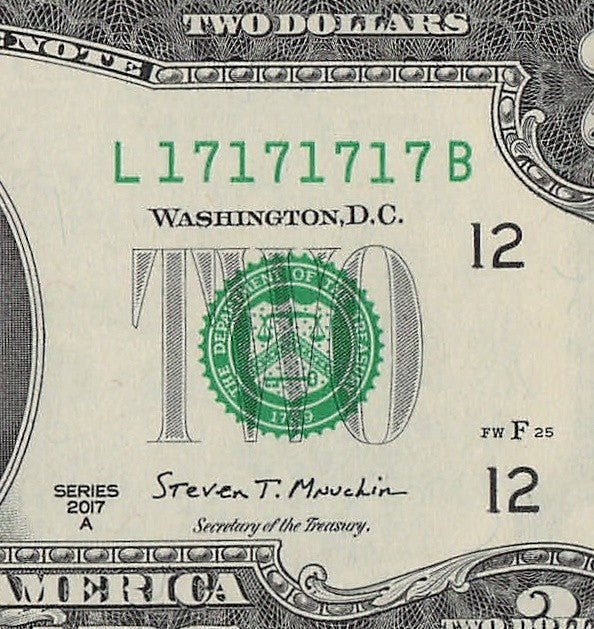 Super Repeater Two Dollar Bill Fancy Serial Number 2017A $2 Binary 1s 7s