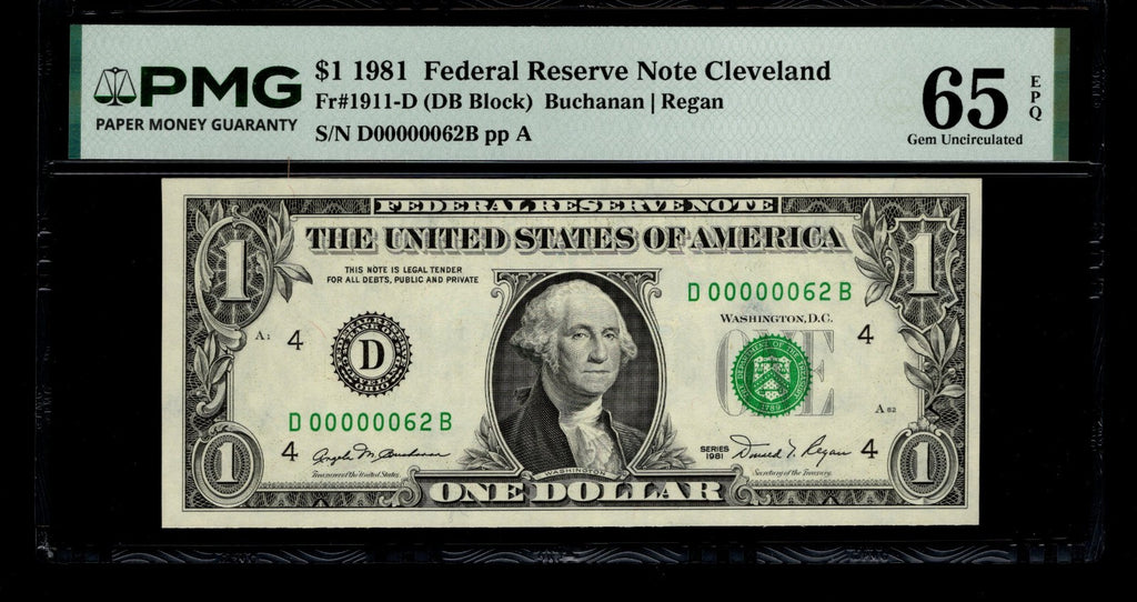 Low Serial Number 82 Fancy Serial Number One Dollar Bill PMG D00000082B