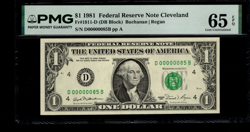 Low Serial Number 85 Fancy Serial Number One Dollar Bill PMG D00000085B