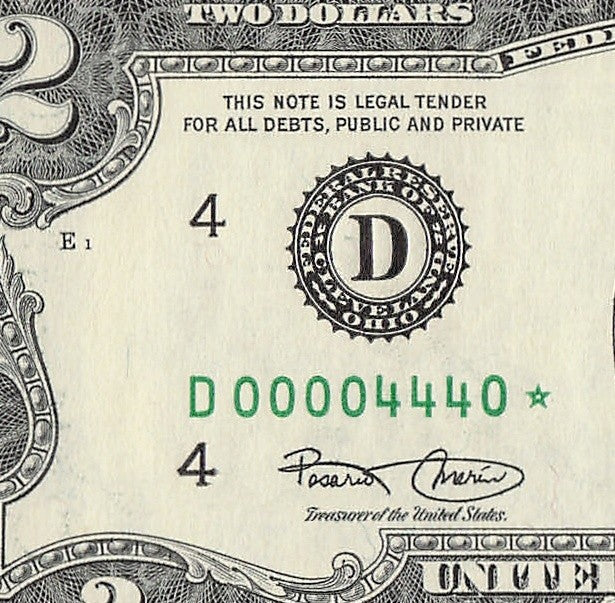 Binary Low Serial Number Star Note Two Dollar Bill D00004440* 4s 0s Cleveland