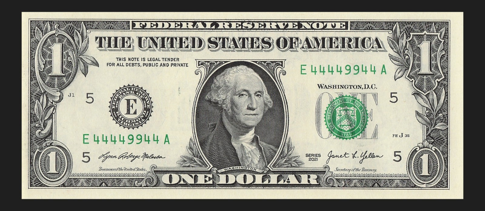 Binary Fancy Serial Number One Dollar Bill 2021 $1 Six of a Kind 4s 9s
