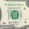 Binary Low Serial Number Star Note Two Dollar Bill D00004404* 4s 0s Cleveland