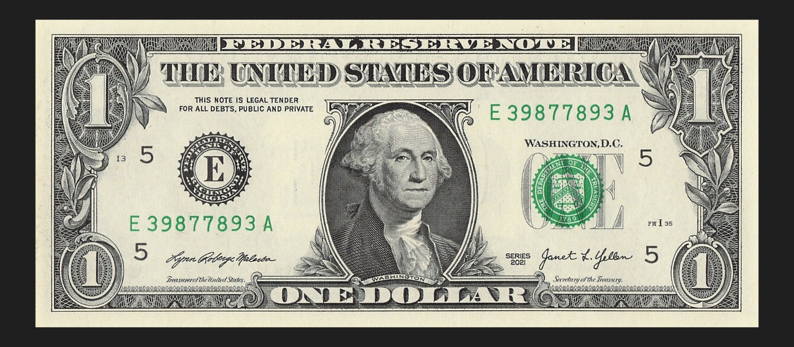 Radar Fancy Serial Number One Dollar Bill 2021 $1 EA Palindrome 3s 9s 8s 7s