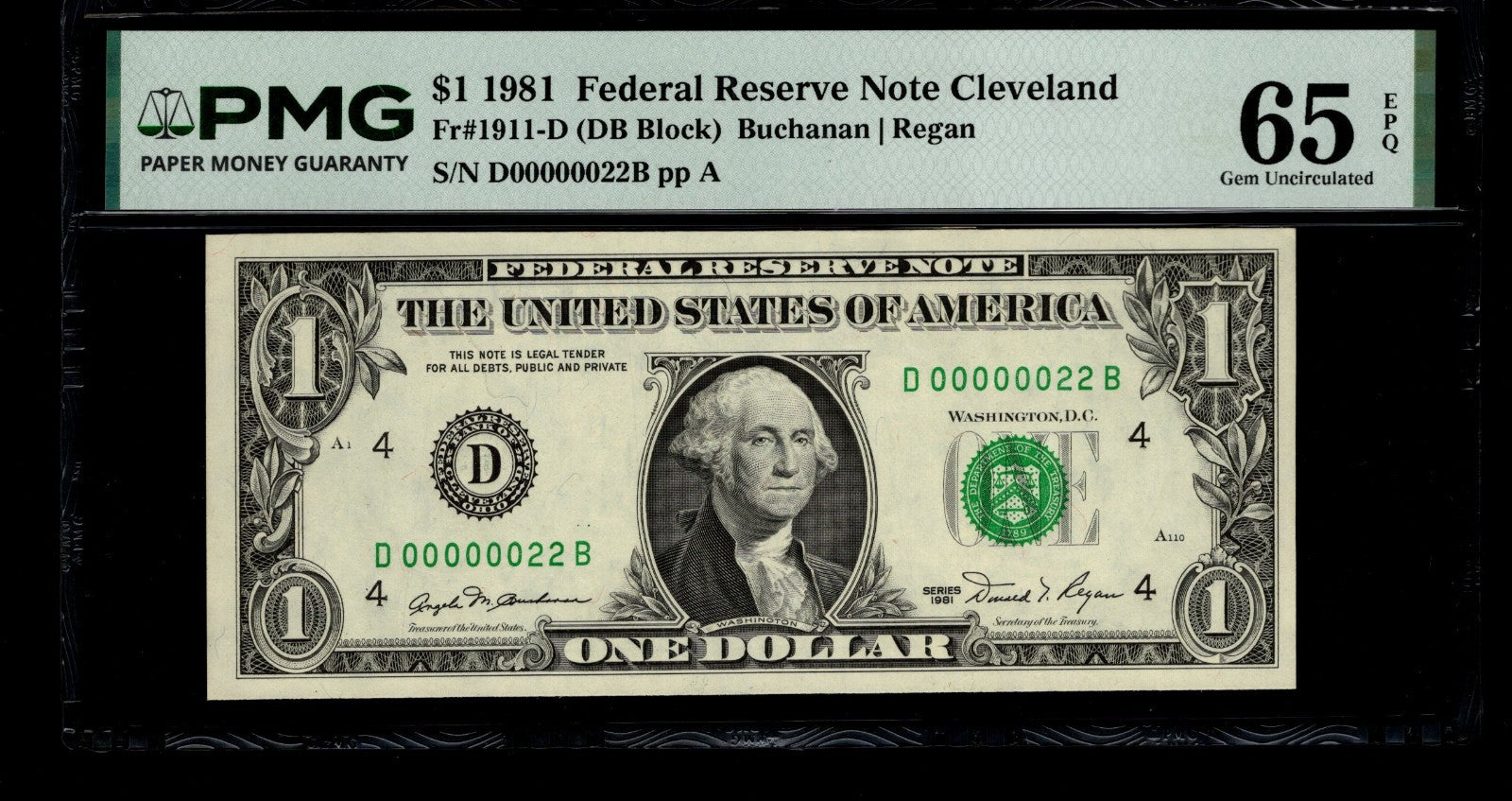 Low Serial Number 22 Fancy Serial Number One Dollar Bill PMG D00000022B Binary