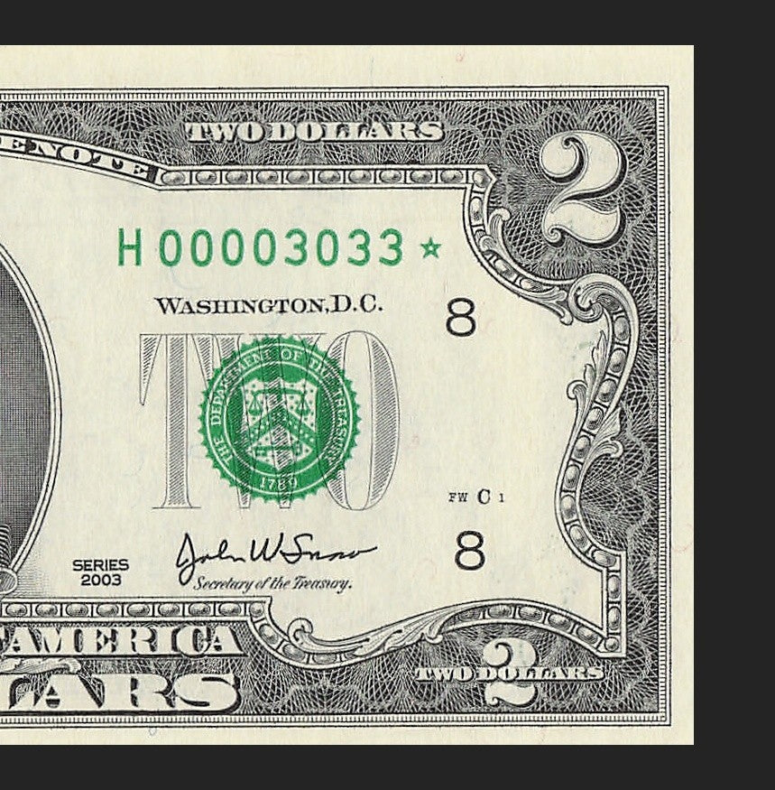 Binary Low Serial Number Star Note Two Dollar Bill H00003033* 3s 0s St Louis