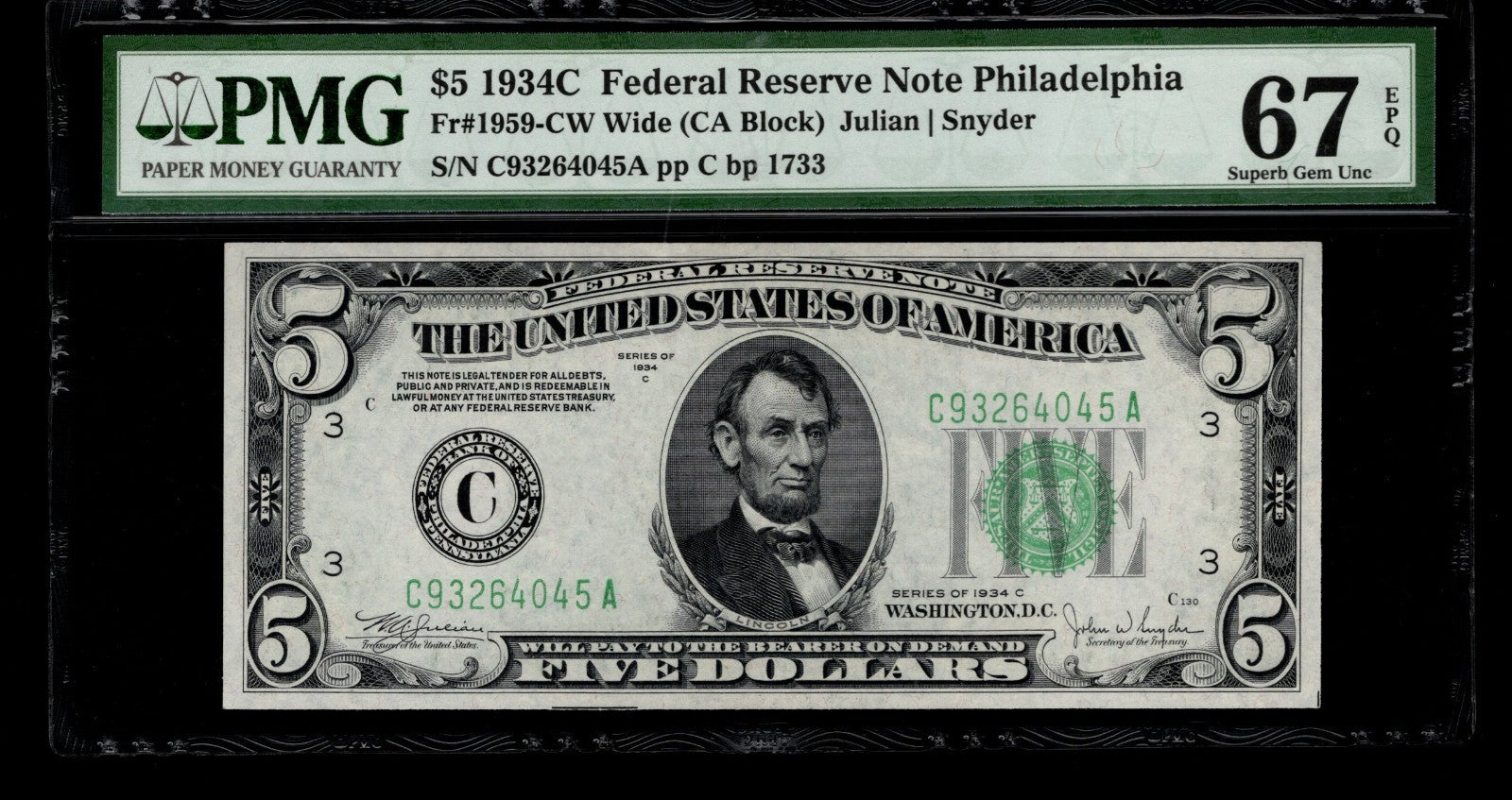 Five Dollar Federal Reserve Note FR 1959CW PMG 67 1934C $5 FRN