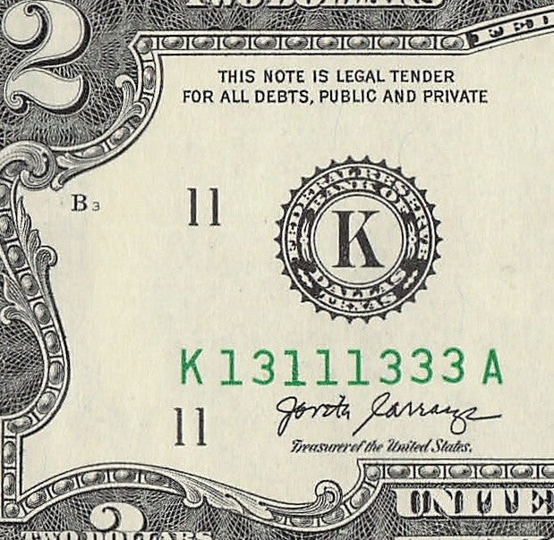 Binary Two Dollar Bill Fancy Serial Number 2017A $2 Dallas Binary 3s 1s