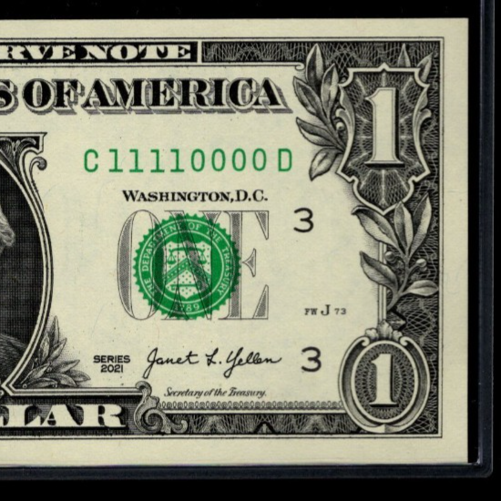 Double Quad True Binary 0s 1s Fancy Serial Number One Dollar Bill CD Block 2021