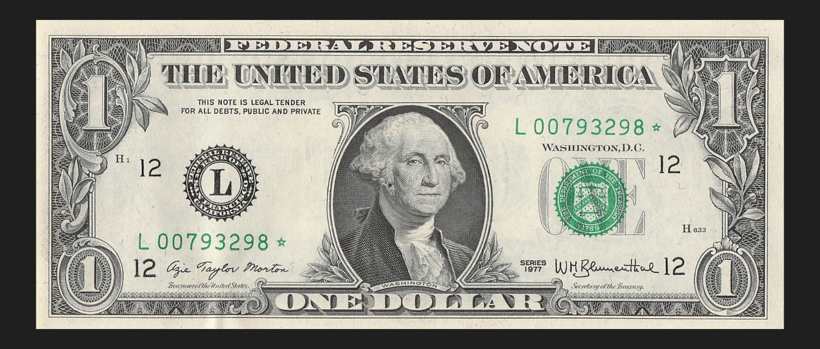 Star Note One Dollar Bill 1977 $1 L* Block Dallas Run 1 D1 UNC
