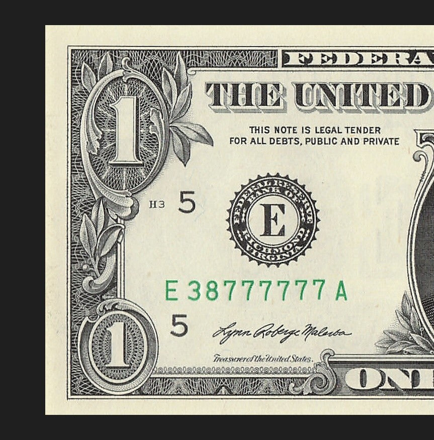 Six in a Row 7s Fancy Serial Number One Dollar Bill EA Block 2021 $1 Trailing