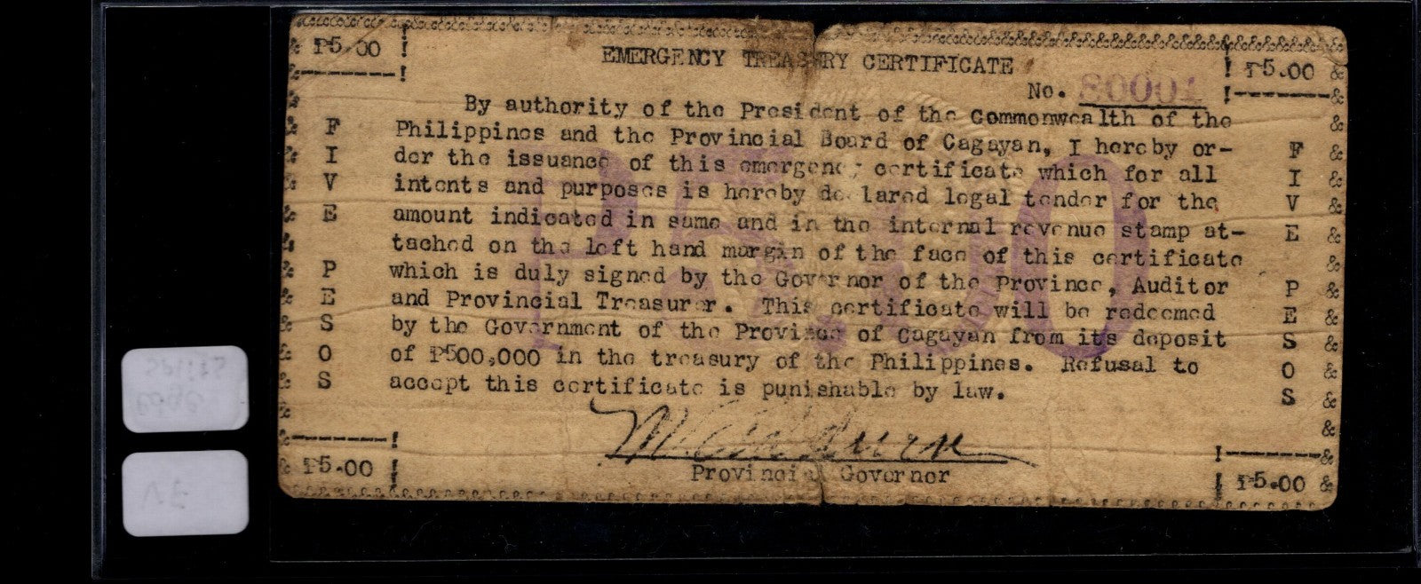 CAGAYAN Province Emergency Treasury Certificate 5 Pesos Internal Revenue Stamp