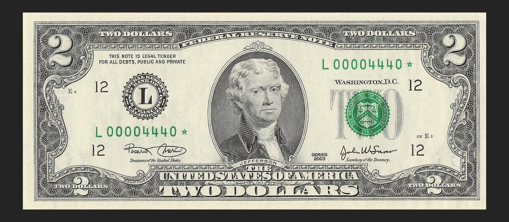 Binary Low Serial Number Star Note Two Dollar Bill L00004440* 4s 0s 444