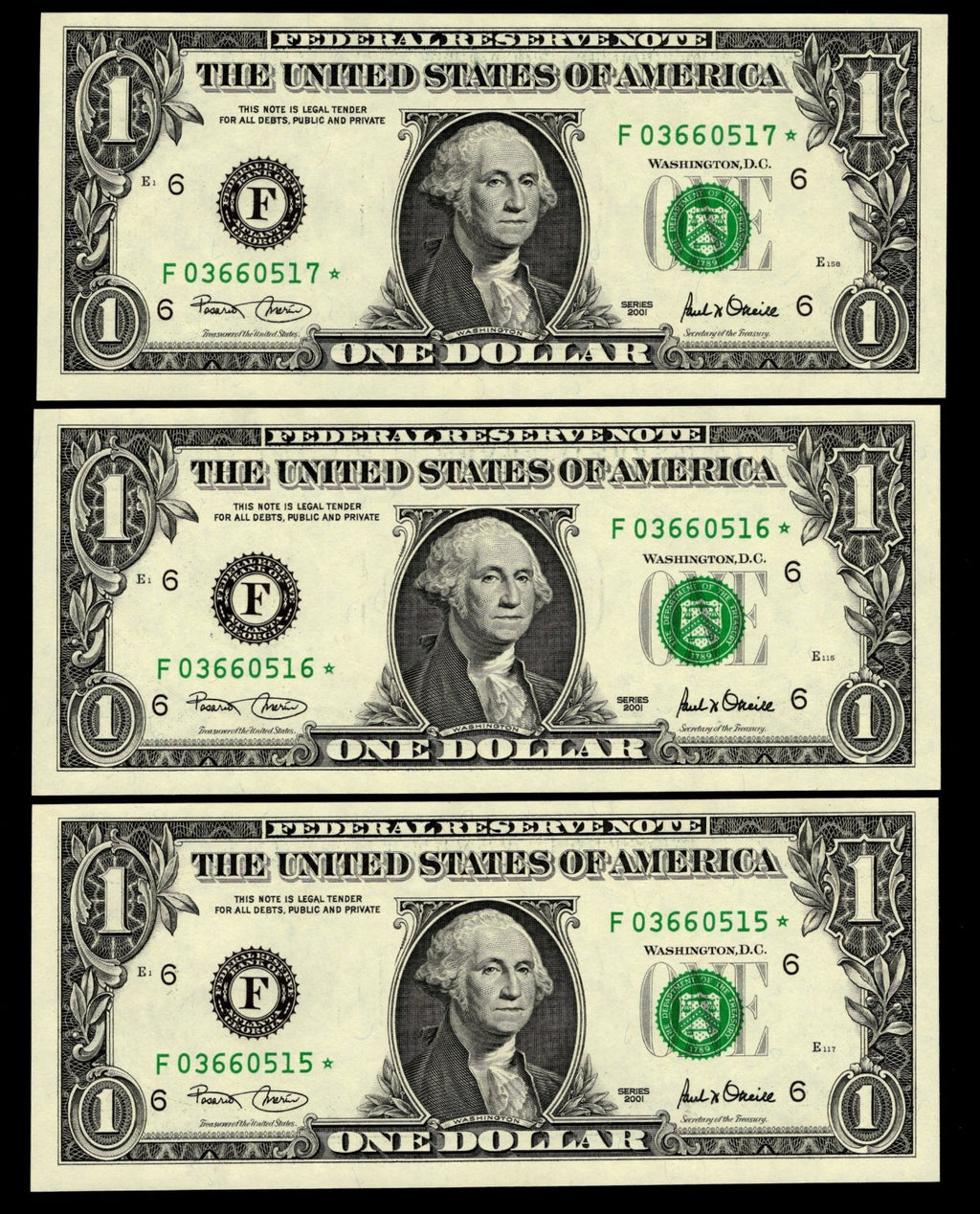 Star Note LOT One Dollar Bills 2001 F* Block Atlanta $1 Run 1 SEQ RUN of 3