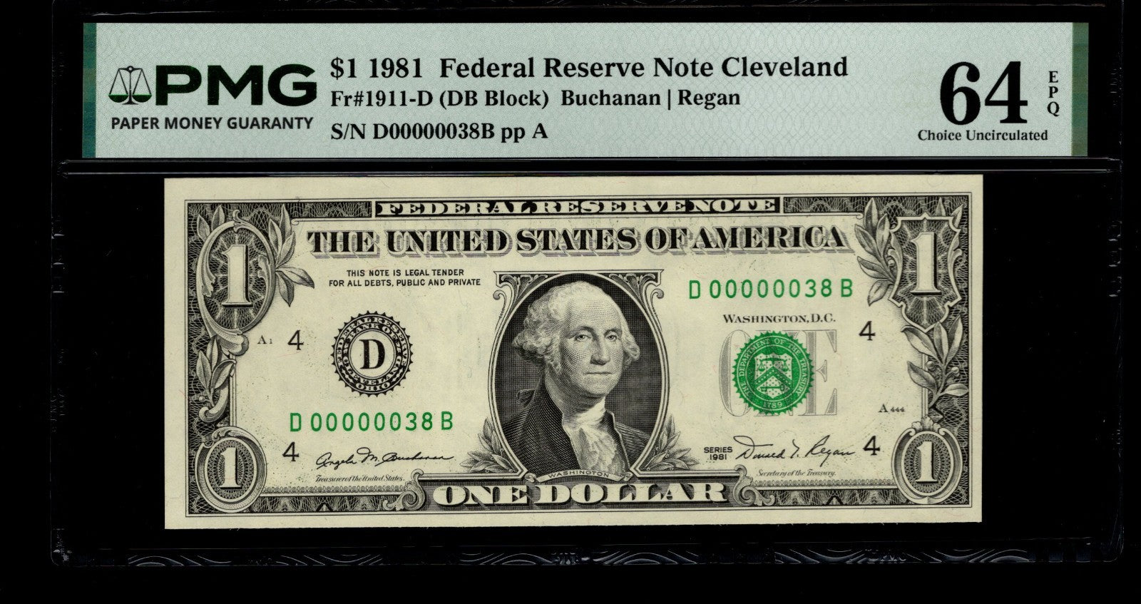 Low Serial Number 38 Fancy Serial Number One Dollar Bill PMG D00000038B