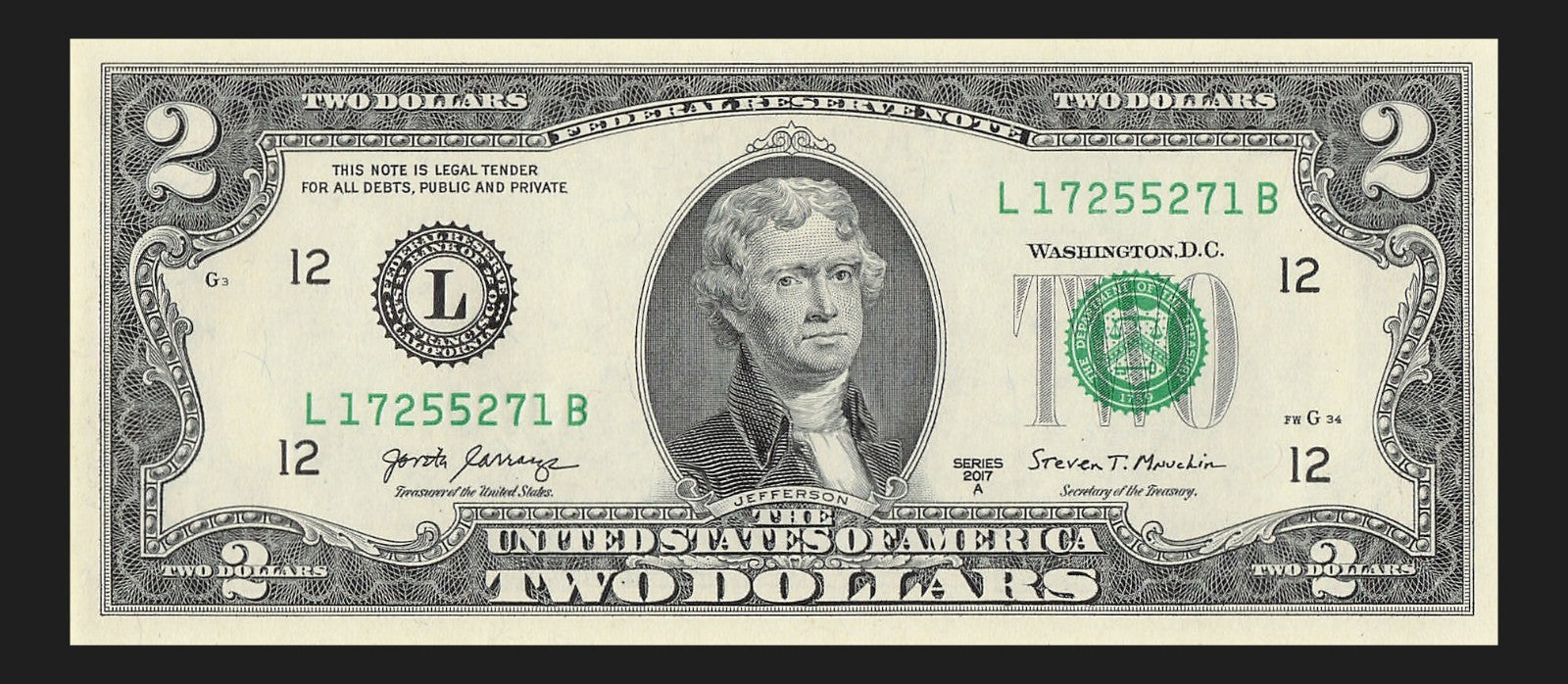 Radar Two Dollar Bill Fancy Serial Number 2017A $2 Palindrome 1s 7s 2s 5s