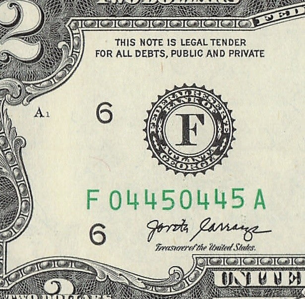 Repeater Two Dollar Bill Fancy Serial Number 2017A $2 Trinary 0s 4s 5s