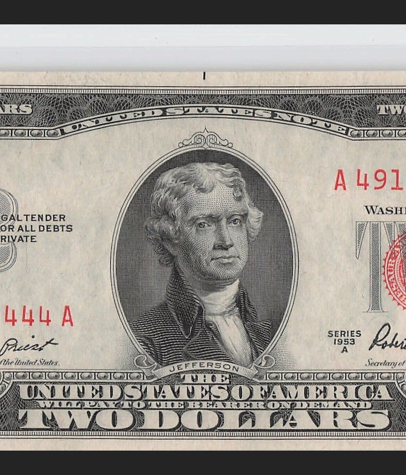 Five of a Kind 4s Fancy Serial Number Two Dollar Red Seal $2 1953A