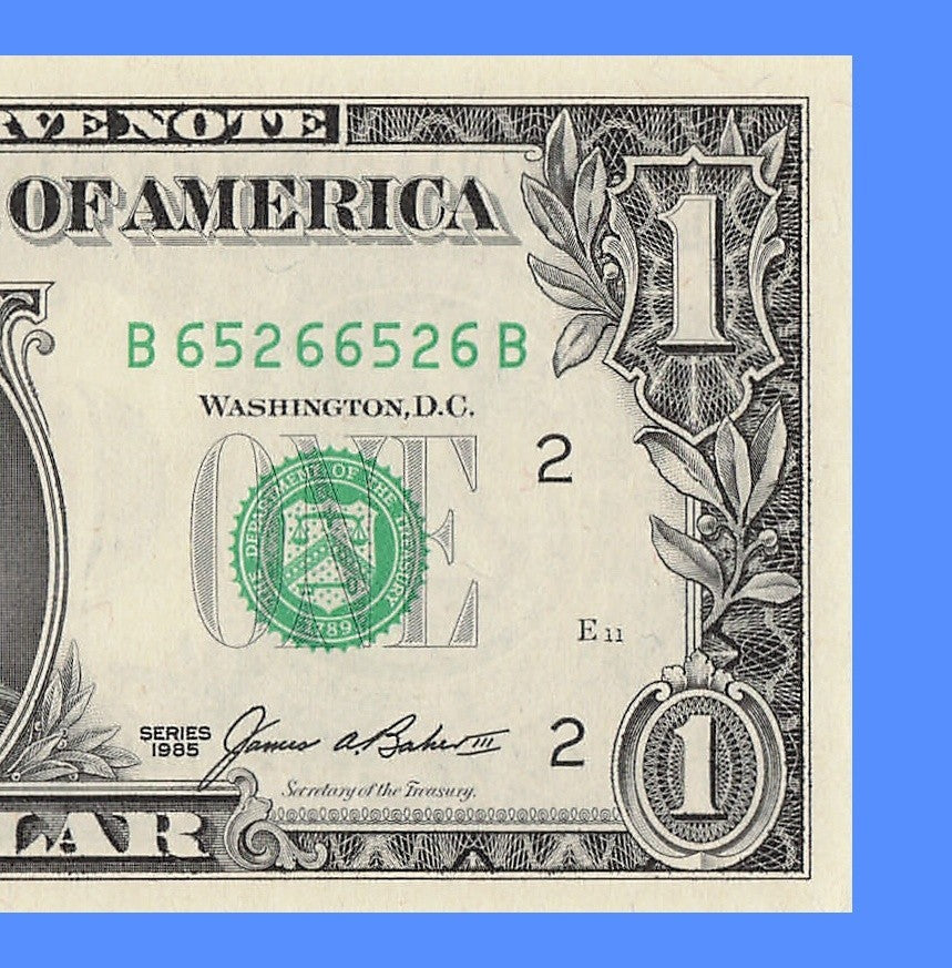 Repeater Fancy Serial Number One Dollar Bill 1985 2s 5s 6s BB Block