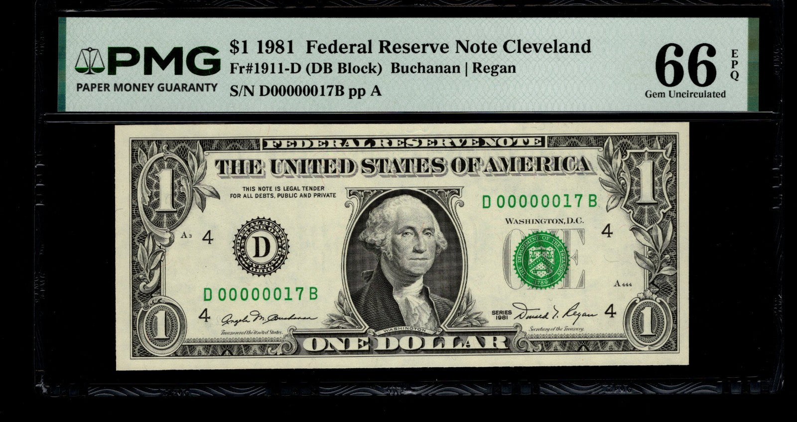 Low Serial Number 17 Fancy Serial Number One Dollar Bill PMG D00000017B