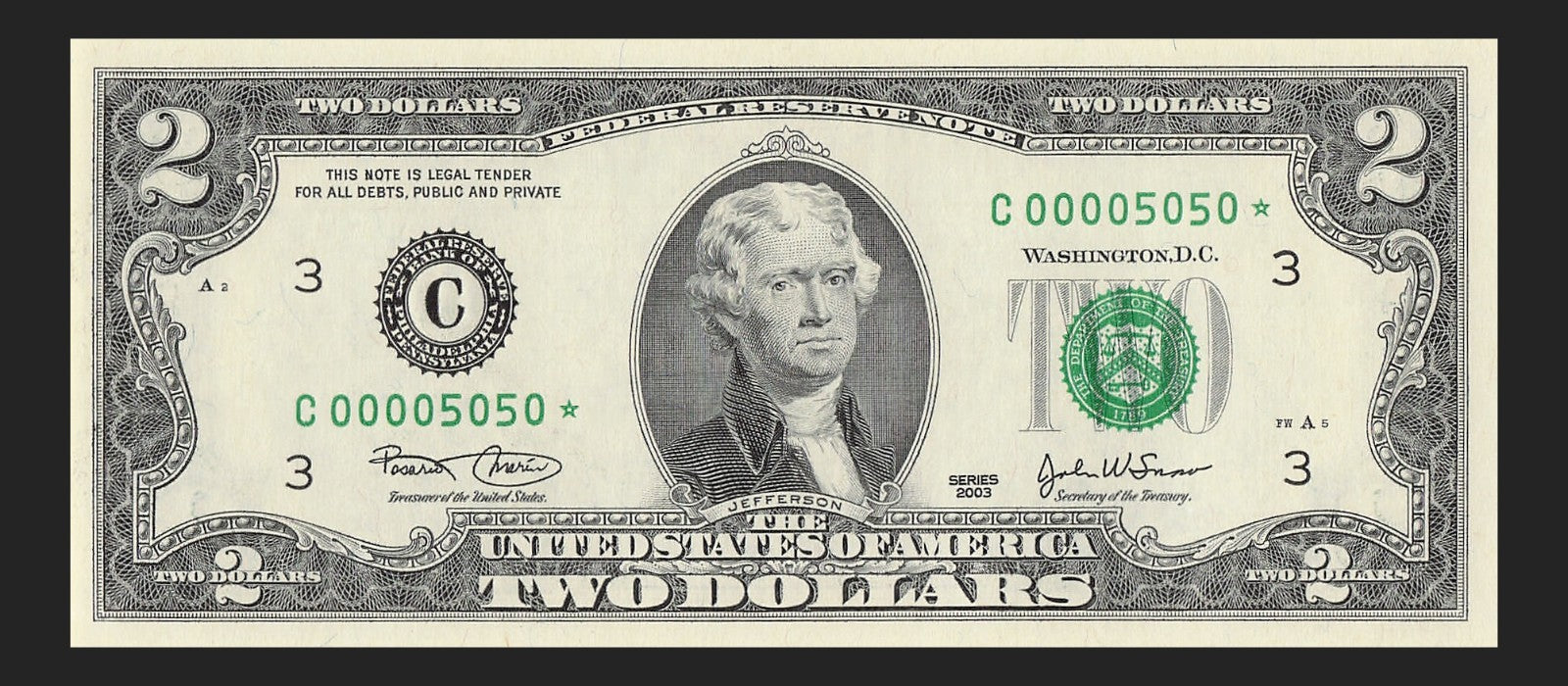 Binary Low Serial Number Star Note Two Dollar Bill C00005050* 5s 0s Philadelphia