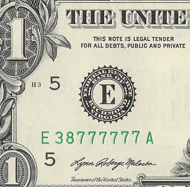 Six in a Row 7s Fancy Serial Number One Dollar Bill EA Block 2021 $1 Trailing