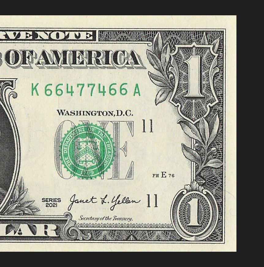 Radar Fancy Serial Number One Dollar Bill 2021 $1 KA Palindrome 4s 6s 7s