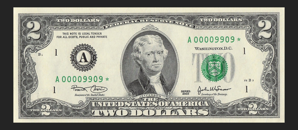 Binary Low Serial Number Star Note Two Dollar Bill A00009909* 9s 0s Boston