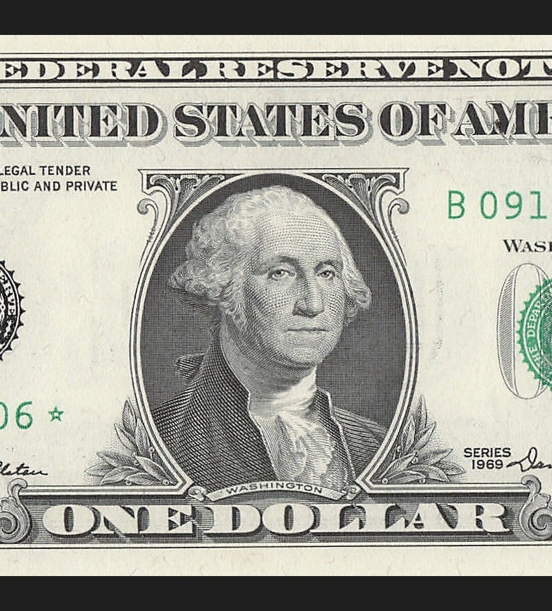 Star Note One Dollar Bill 1969 $1 B* Block New York Run 15 640K UNC Five kind 0s