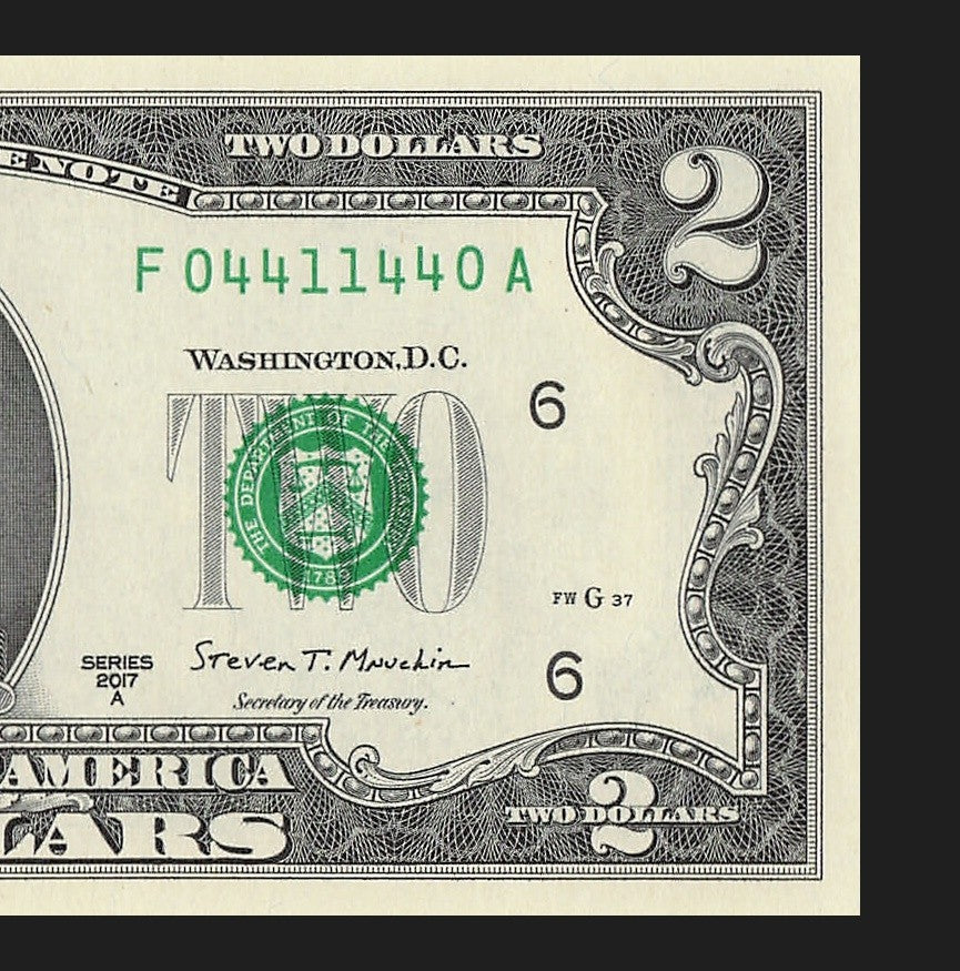 Radar Two Dollar Bill Fancy Serial Number 2017A $2 Palindrome Trinary 0s 1s 4s