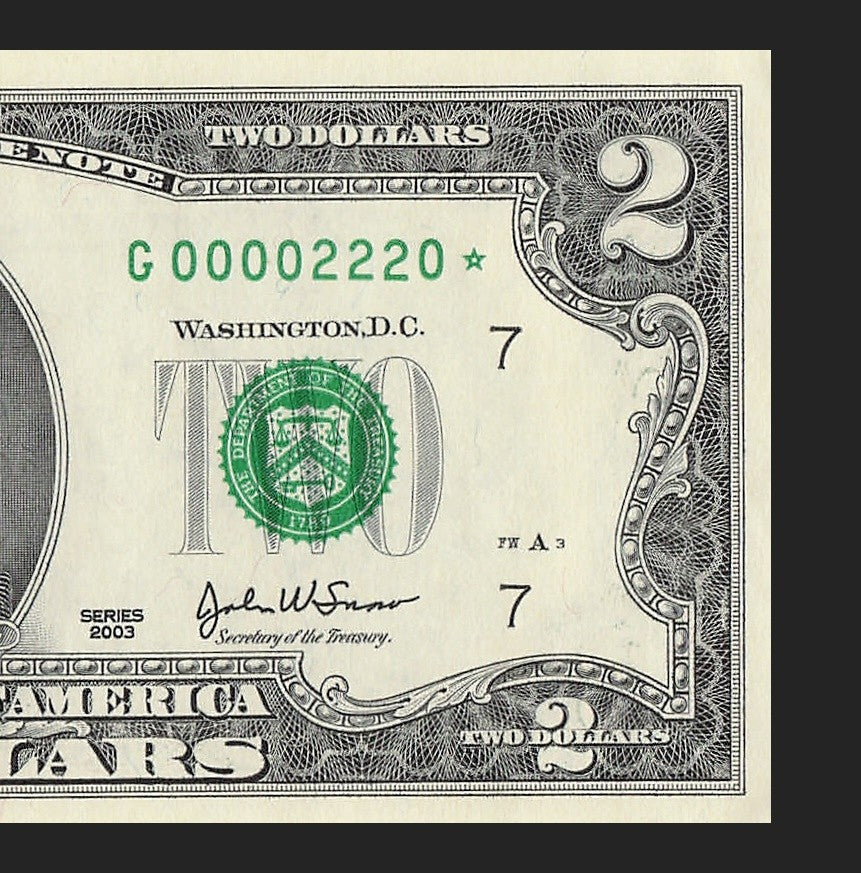 Binary Low Serial Number Star Note Two Dollar Bill G00002220* 2s 0s Chicago